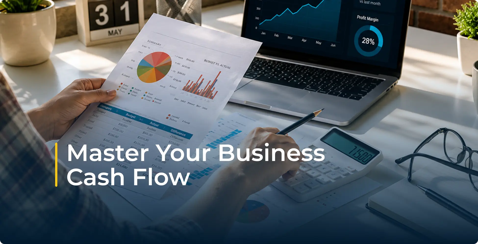 Business professional reviews cash flow charts beside a laptop dashboard, calculator, and glasses; overlay reads “Master Your Business Cash Flow.”