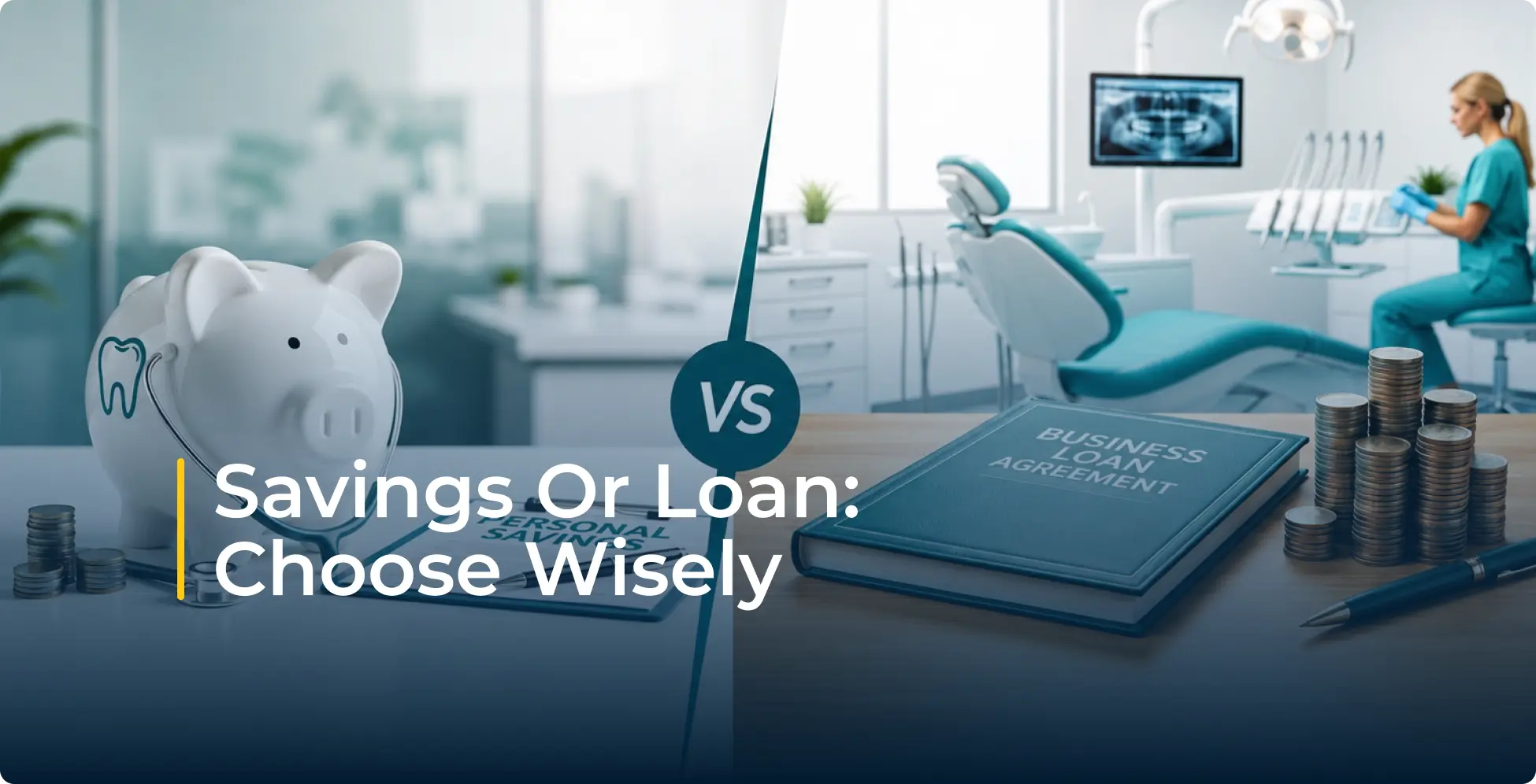 Split-screen finance scene: piggy bank for savings versus dental loan paperwork, coins, and dentist at work; text urges, “Savings or loan; Choose Wisely.”