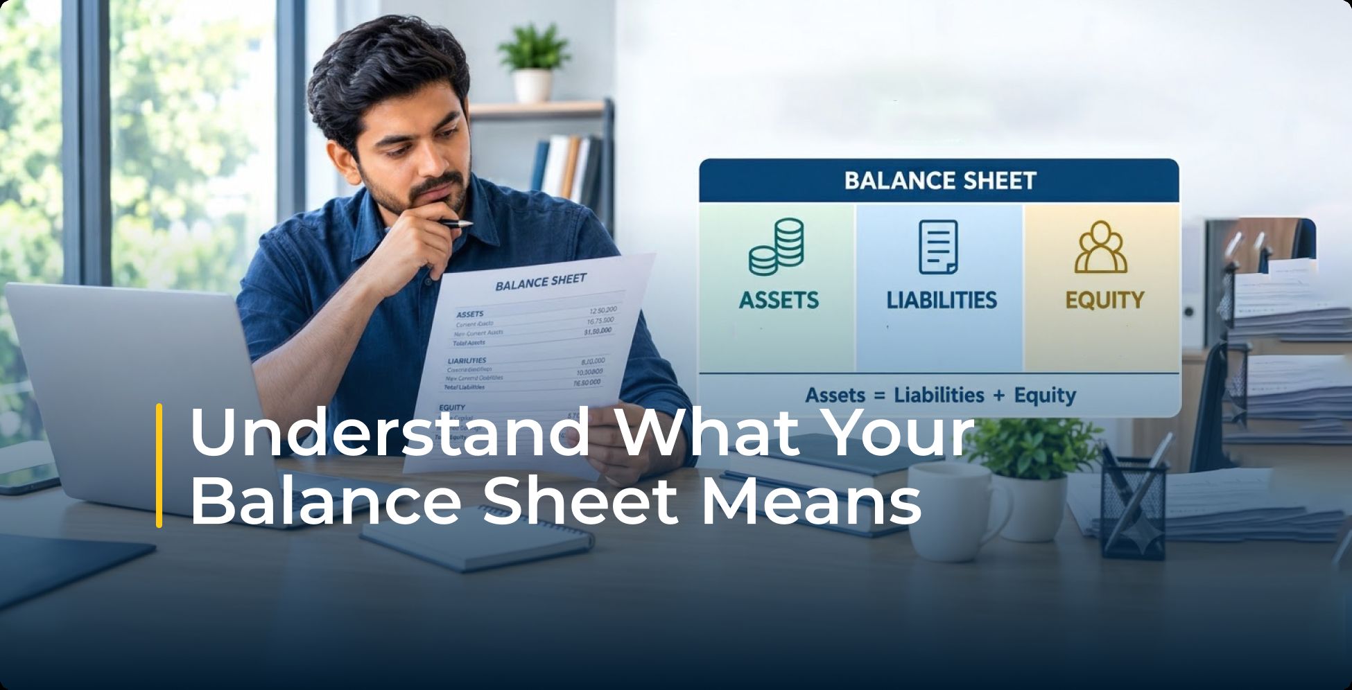 A thoughtful man reviews a balance sheet at his laptop beside an infographic of assets, liabilities, and equity, creating an educational finance scene.